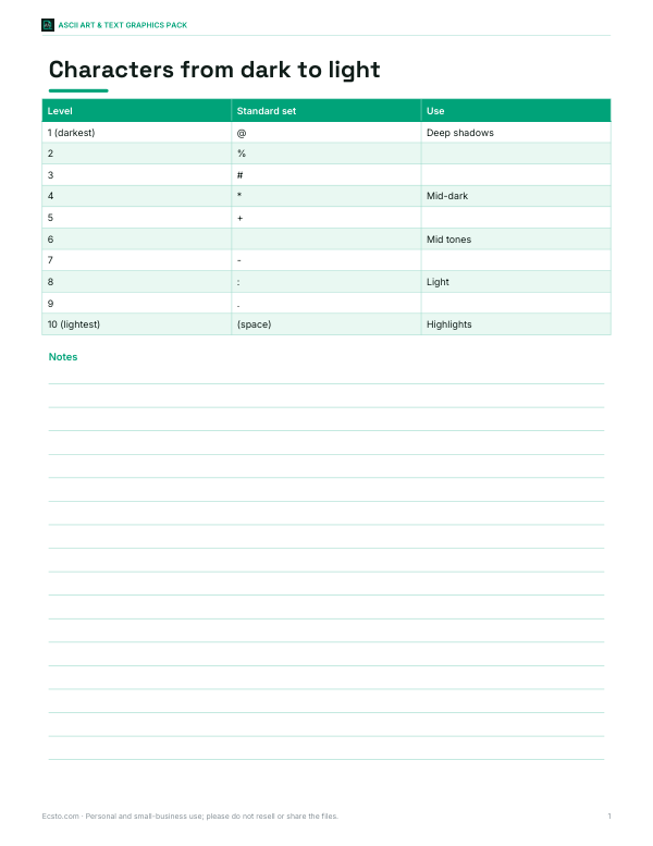 Preview of Printable ASCII Density Chart